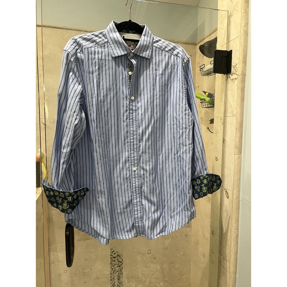 Robert Graham Button Up Shirt Mens Large Blue Striped Flip Cuff Joshua Tree